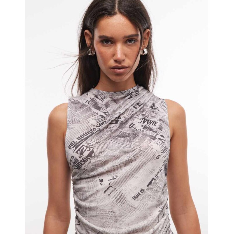 Weekday asymmetric gathered tank top with newspaper print-Grey