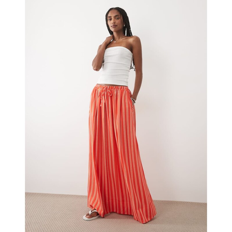 ASOS DESIGN linen blend maxi circle skirt in red stripe-Multi