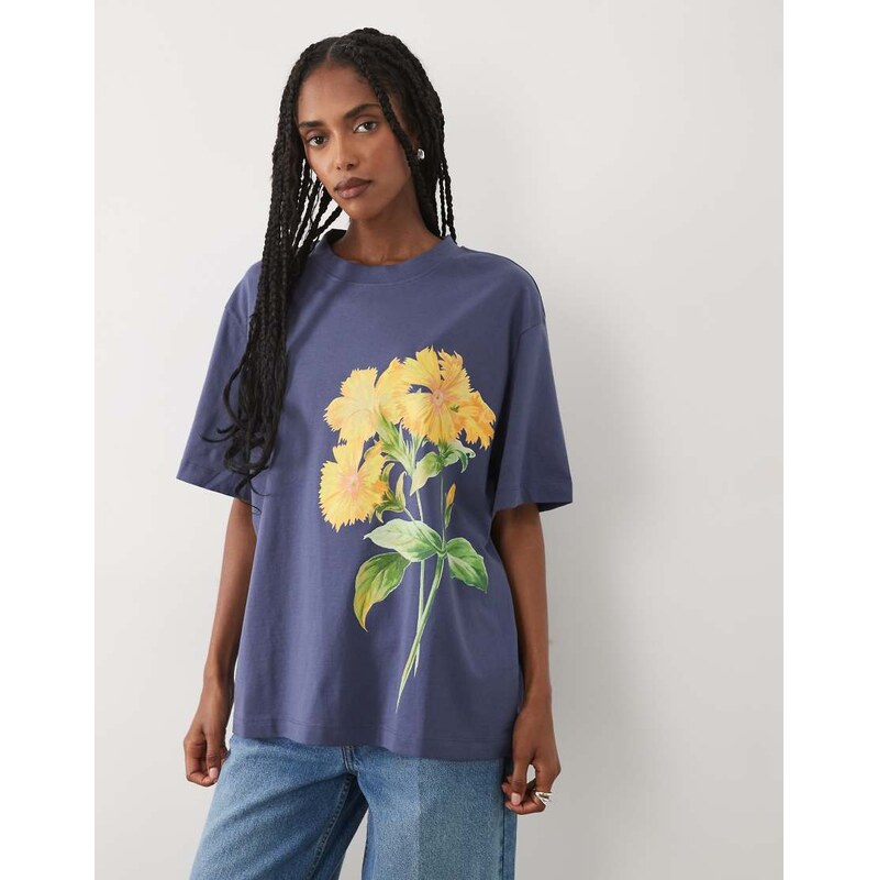 ASOS DESIGN oversized t-shirt with yellow flower graphic in blue