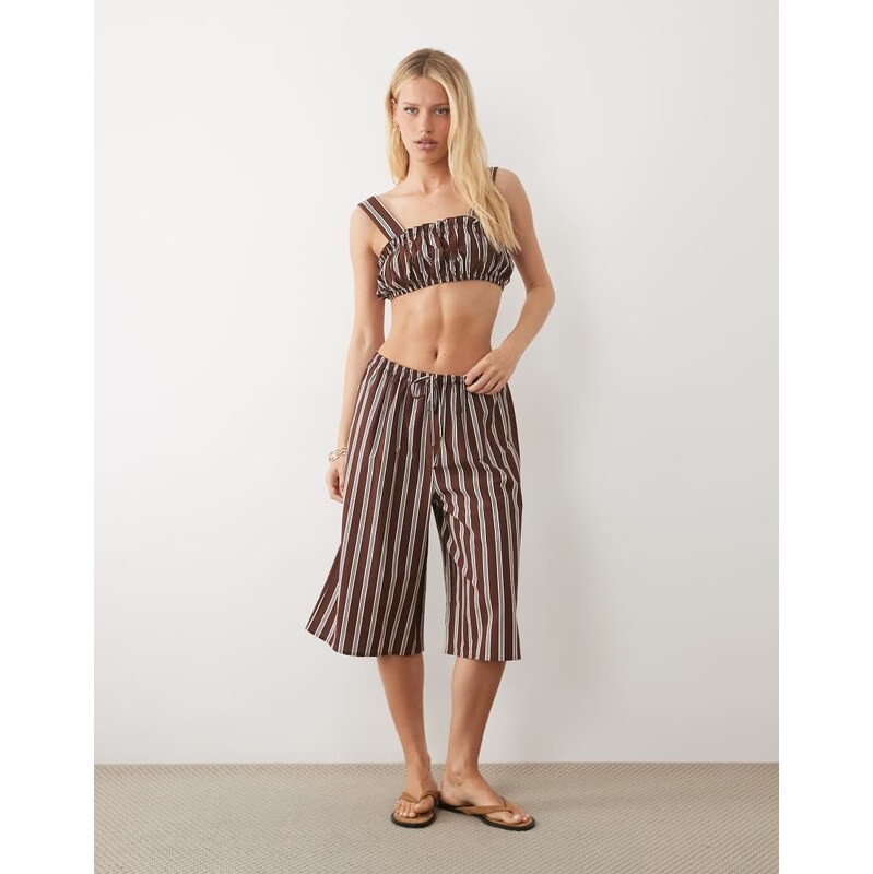 ASOS DESIGN linen blend pull on longline short in brown stripe