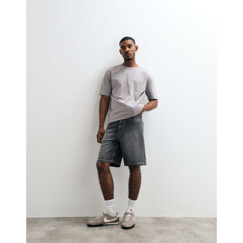 Hollister baggy denim short with star graphic detail in black