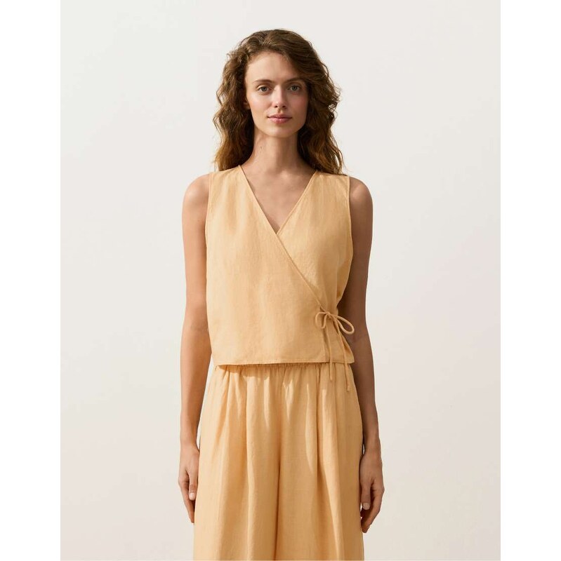 OYSHO 100% linen square neck crossover tie top in yellow