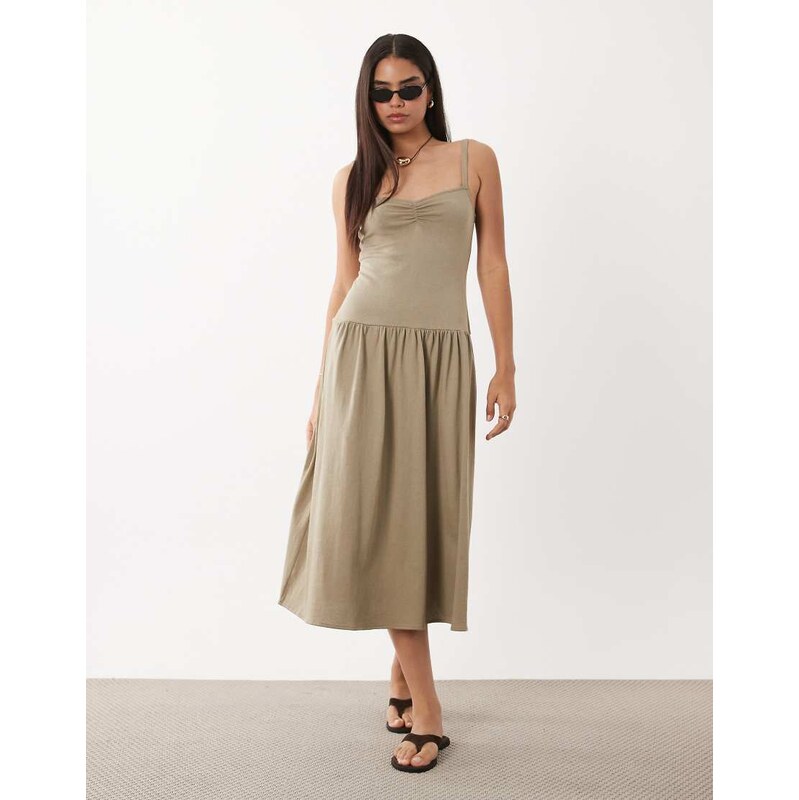 Mango cotton rich drop waist midi dress in light green