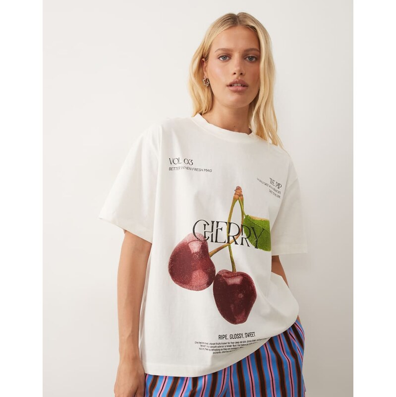 ASOS DESIGN oversized t-shirt with cherry graphic in cream-Multi