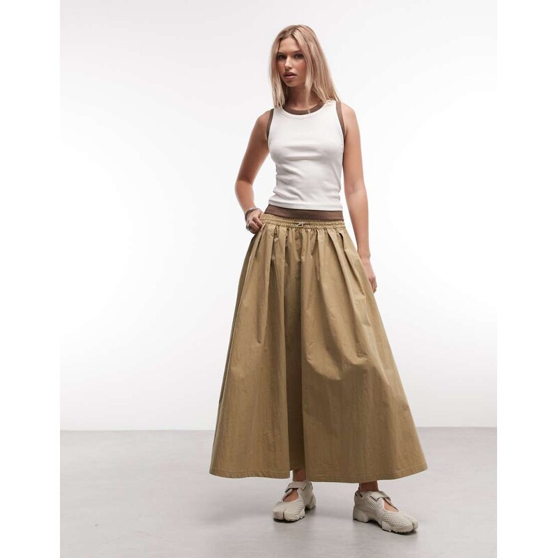 ASOS DESIGN volume toggle waist detail midi skirt in camel