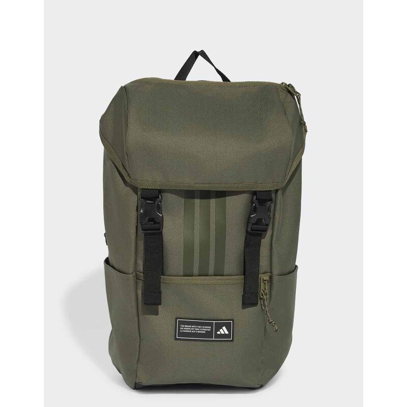 adidas performance 3 stripes flap backpack in olive strata /