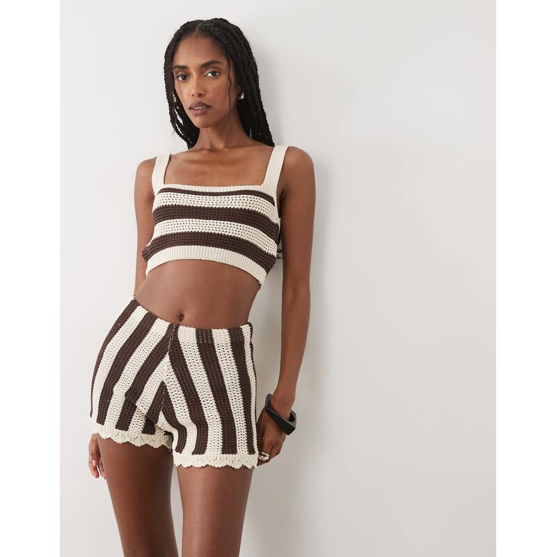 ASOS DESIGN stripe crochet short co ord in brown stripe-Multi