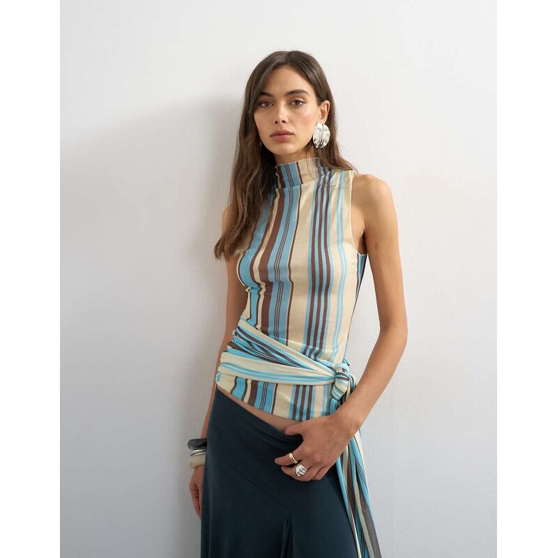 Topshop striped high neck sleeveless tank in blue