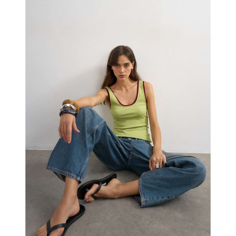 Topshop scoop vest with contrast mesh tipping in green & plum