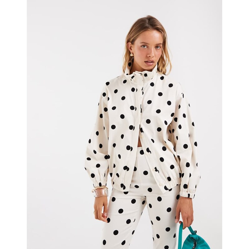 ASOS DESIGN co ord frill funnel neck track shirt in polka dot