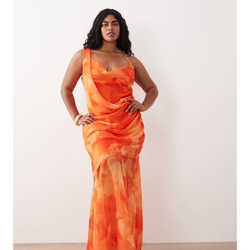 TFNC Plus chiffon cowl neck maxi dress in orange floral print