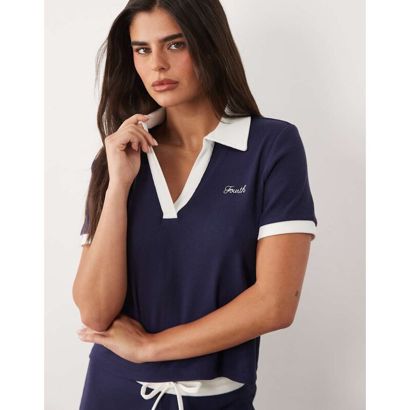 4th & Reckless cotton ribbed logo front collared contrast trim