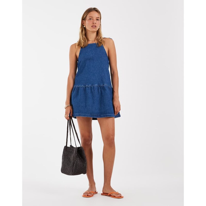 ASOS DESIGN peplum smock denim mini dress in mid blue