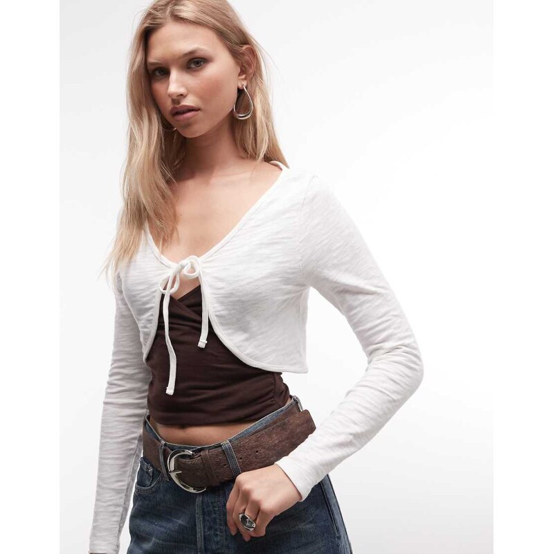 Reclaimed Vintage bolero top in slub jersey in cream-White