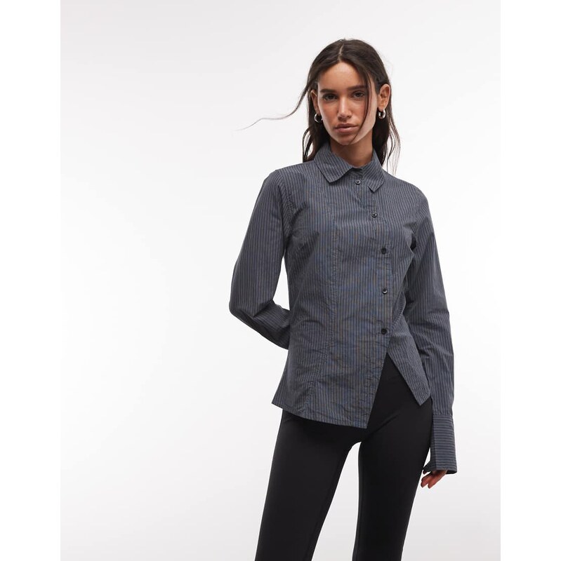 Weekday asymmetric detail shirt in black & grey stripe