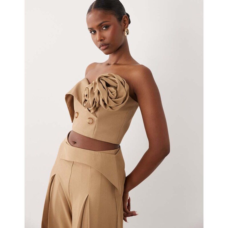 ASOS LUXE co-ord tailored top with rosette detail in taupe-Brown