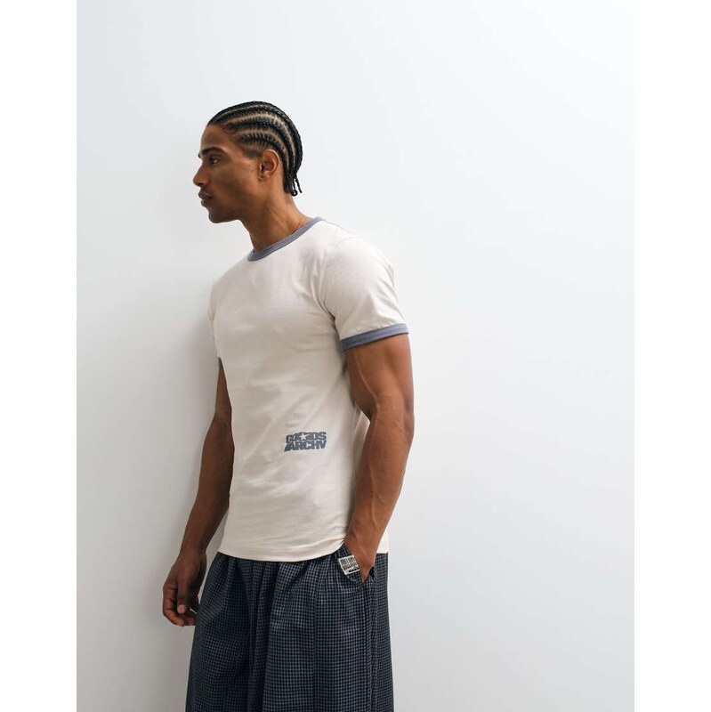 ASOS DESIGN slim ringer t-shirt with text graphic in grey-Brown