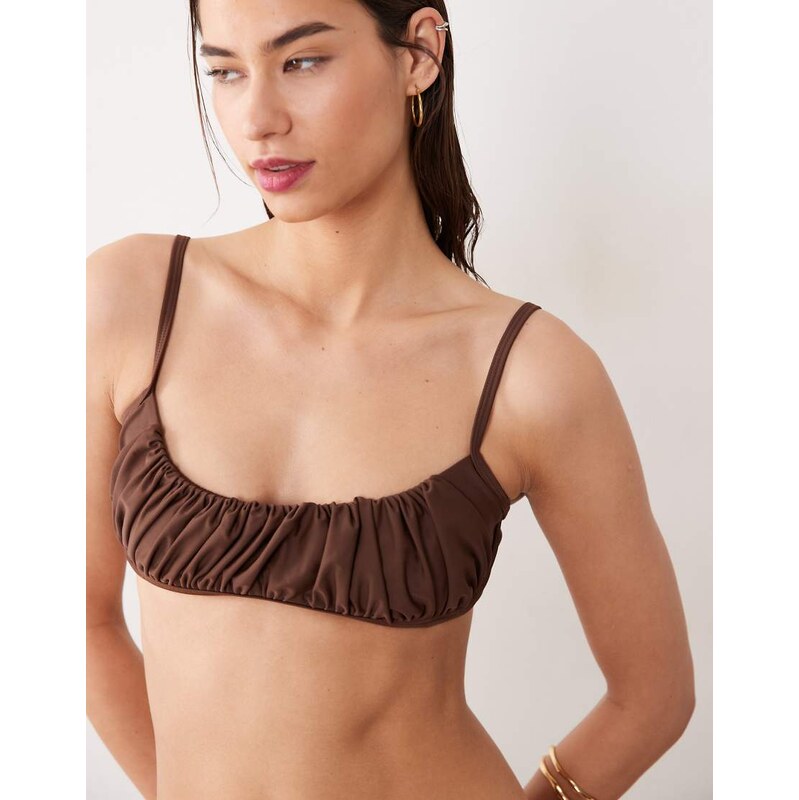 Miss Selfridge skinny ruched bikini top in chocolate-Brown
