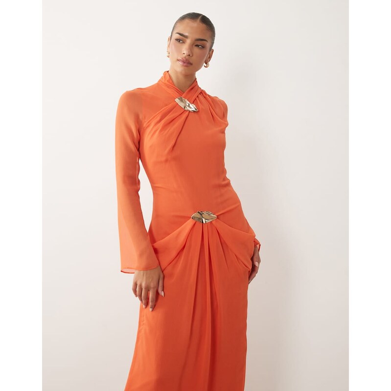 Daska ruched long sleeve maxi dress with gold buckle detail in