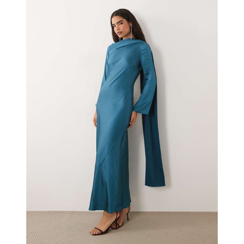 TFNC satin scarf detail bias maxi dress in blue