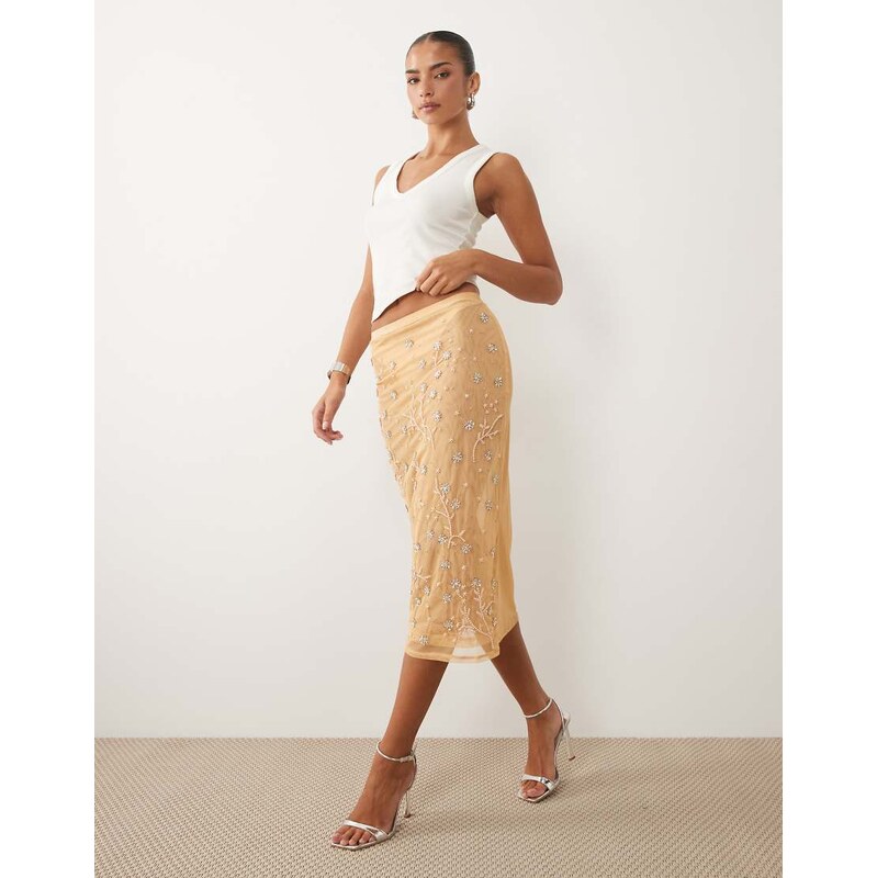 ASOS DESIGN scattered embellished mesh maxi skirt in cream-White
