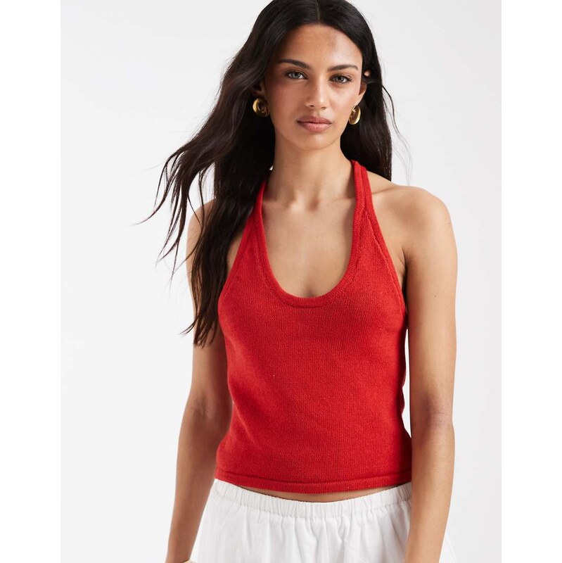 ASOS DESIGN knitted halter top with beads in red