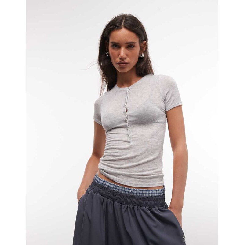 Weekday slim fit henley t-shirt in grey melange