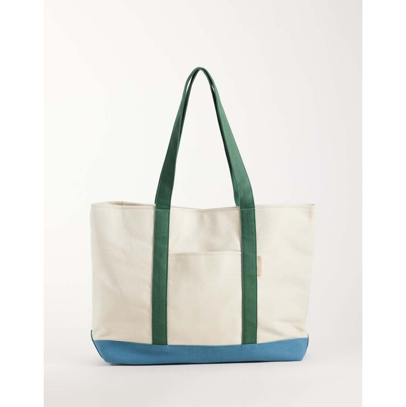 ASOS DESIGN canvas colour block tote bag in ecru-White