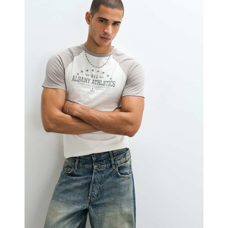 ASOS DESIGN slim t-shirt with athletics graphic in cream-White