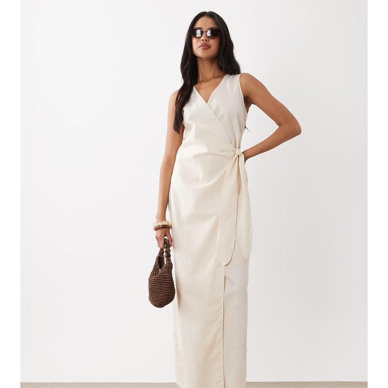 Kaiia exclusive linen look v neck wrap tie front maxi dress in