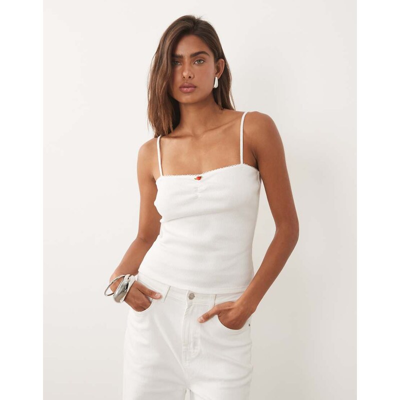 Mango cotton rich strappy cami top with rose in white