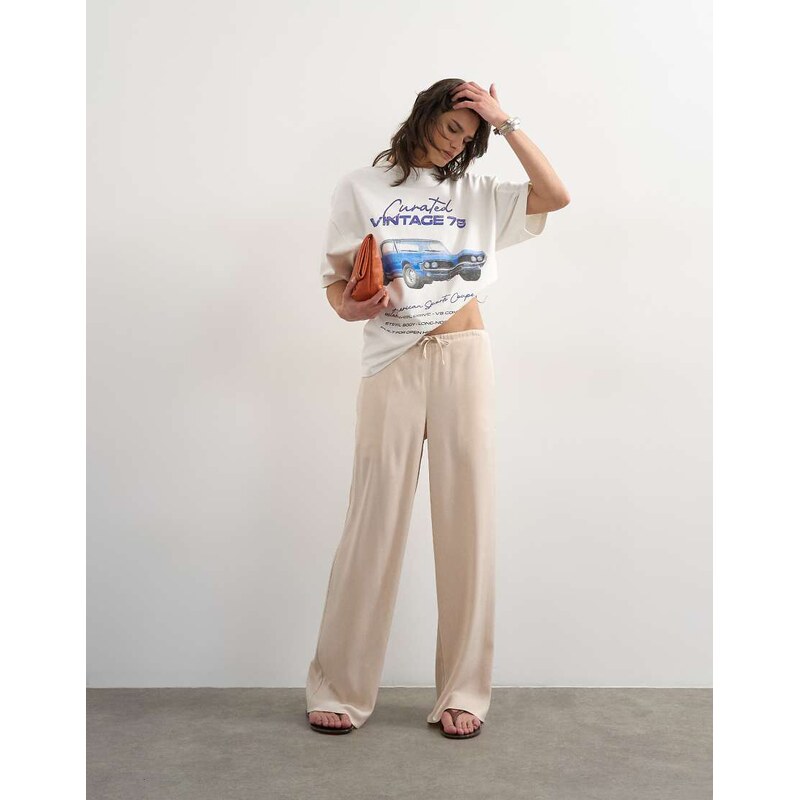 Topshop satin tie waist wide leg trouser in ecru-Neutral