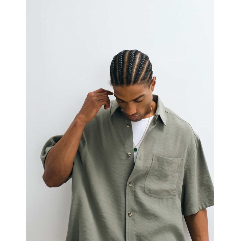 ASOS DESIGN boxy oversized drapey shirt in khaki-Green