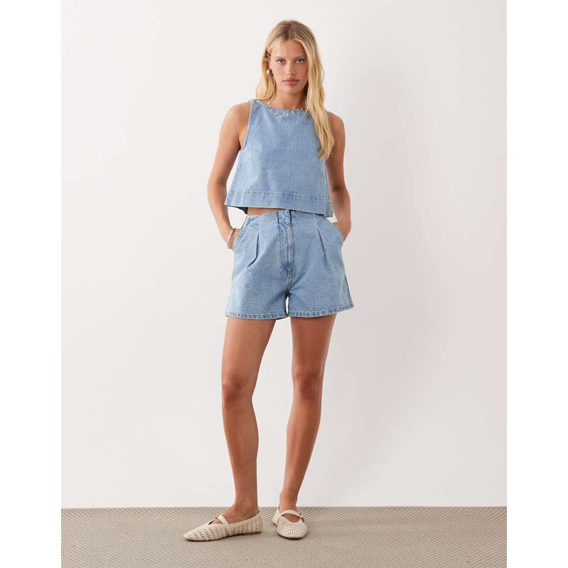 ASOS DESIGN denim pleat front short co-ord with cinch back
