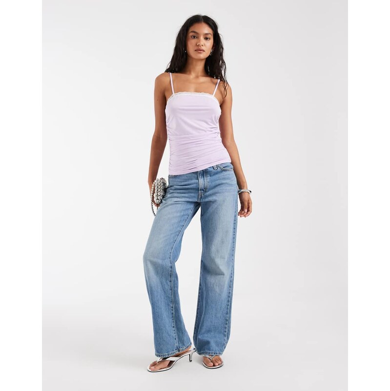 ASOS DESIGN lace trim cami with ruched waist in lilac-Purple