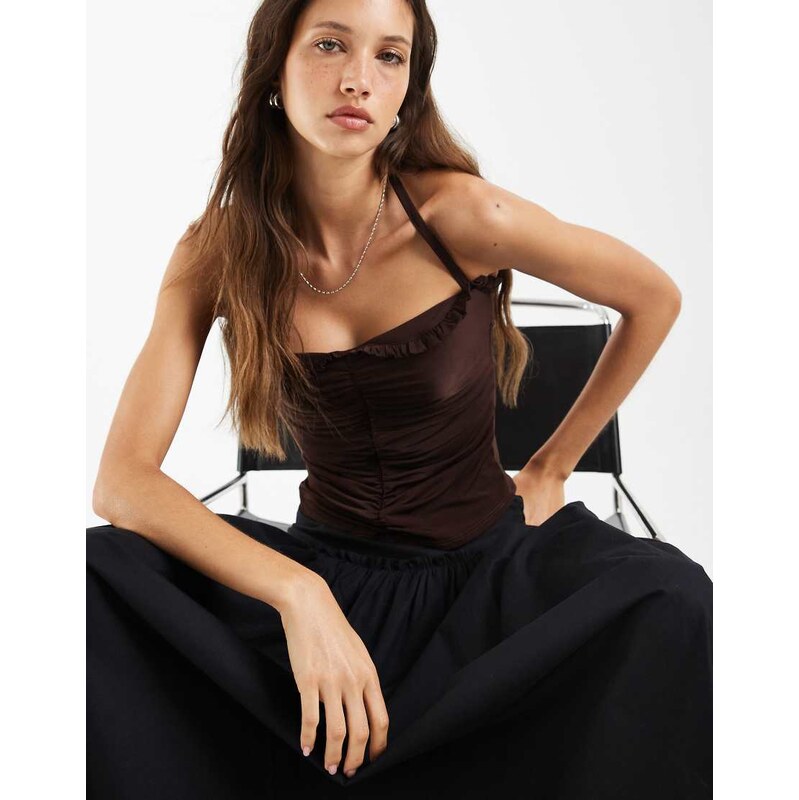 ASOS DESIGN ruched halter neck cami top in chocolate-Brown