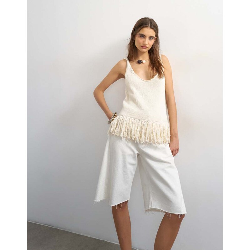 Topshop knitted fringe top in ecru-Multi