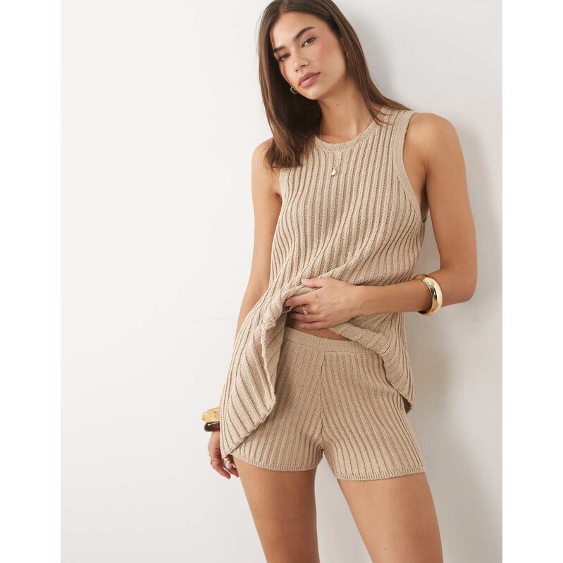ASOS DESIGN knitted pleated short co-ord in stone-Neutral