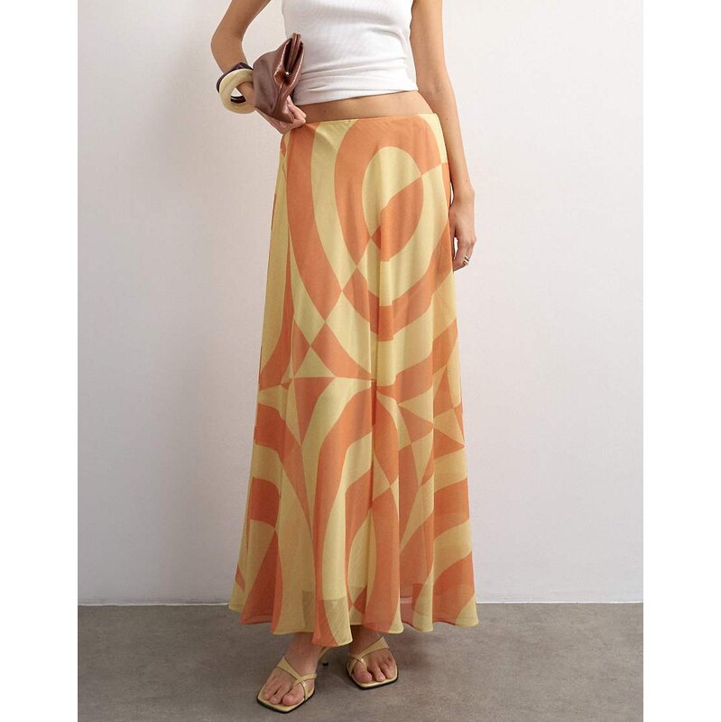 Topshop sheer full circle chiffon midi skirt in orange abstract