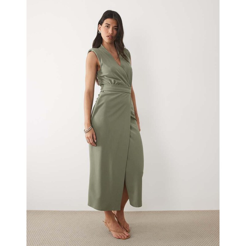 ASOS DESIGN belted wrap midi dress with shoulder pad in khaki