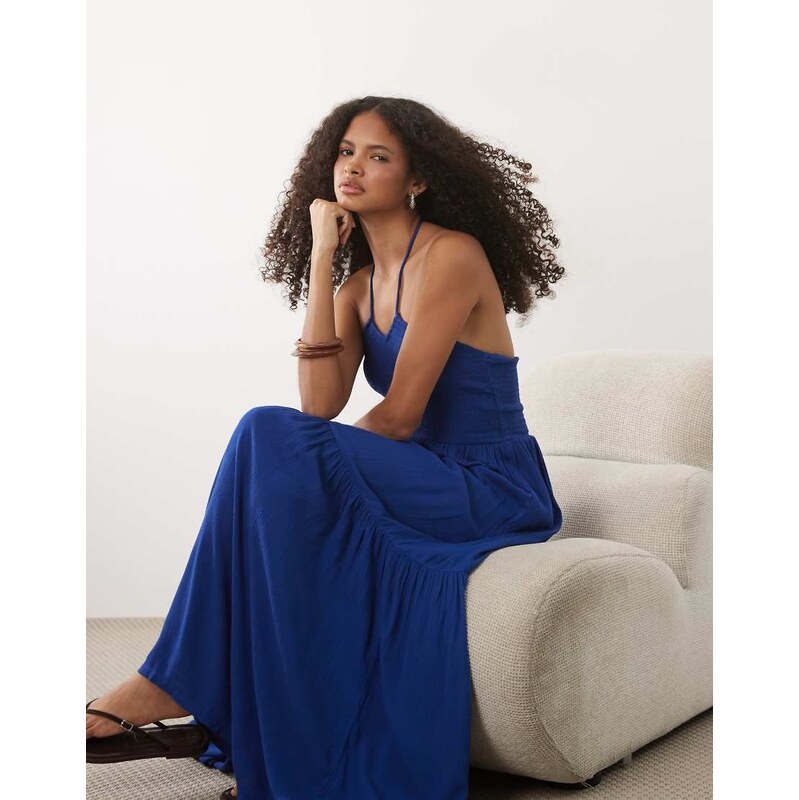 Mango Teen halterneck tiered maxi dress in electric blue