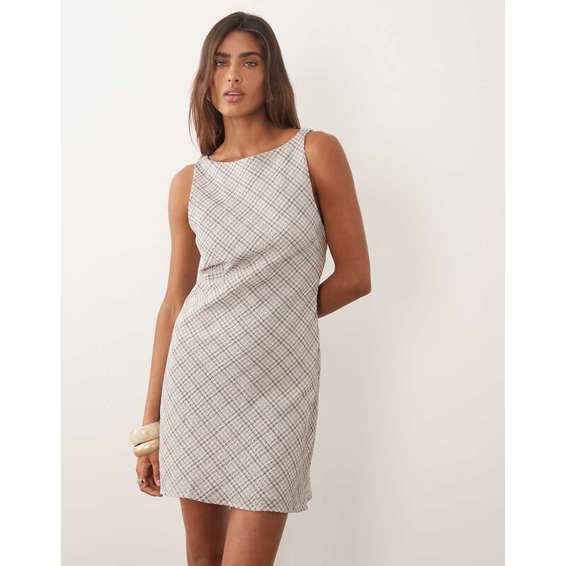 Mango boat neck sleeveless mini dress in beige check-Neutral