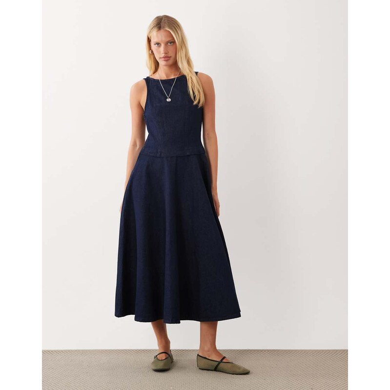 ASOS DESIGN denim circle hem midi dress with cut out detail in