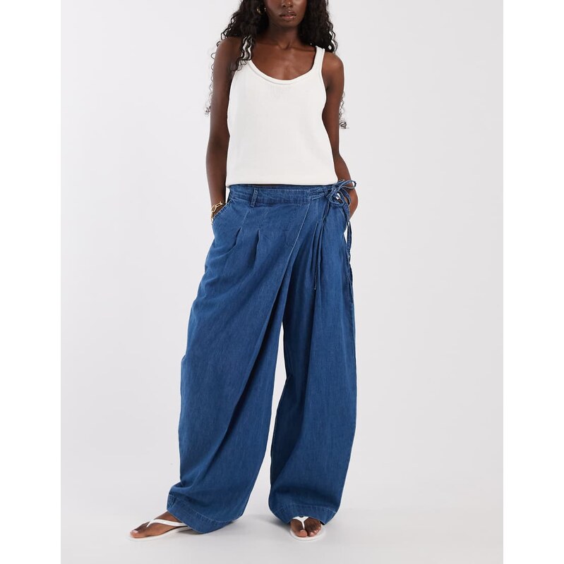 ASOS DESIGN soft wide leg denim trouser with wrap waist-Blue