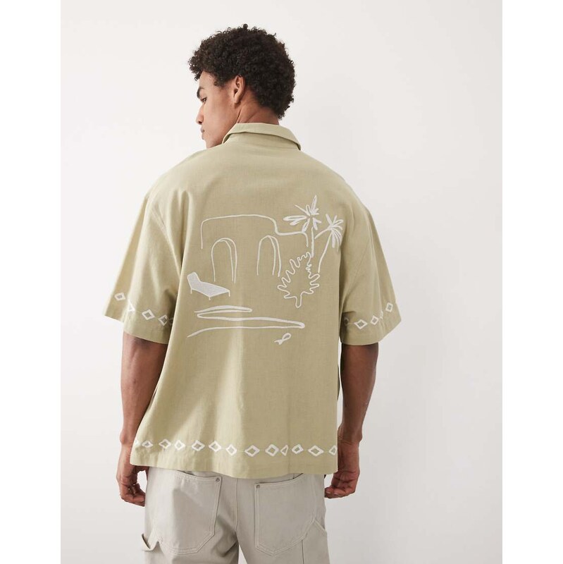 ASOS DESIGN oversized shirt with linen and embroidery in khaki