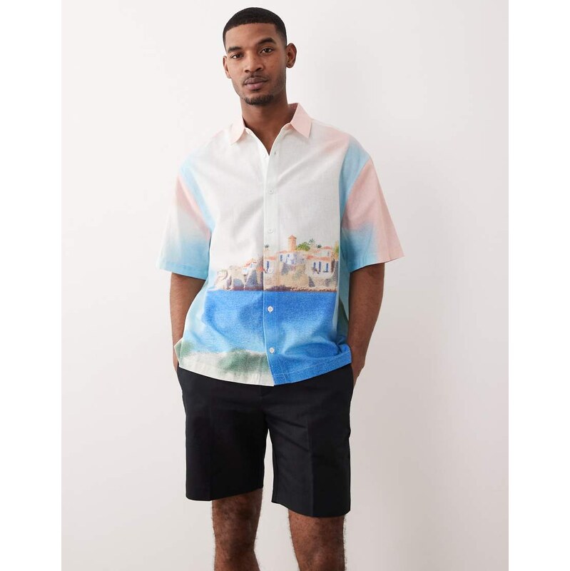 ASOS DESIGN oversized printed landscape shirt with linen in