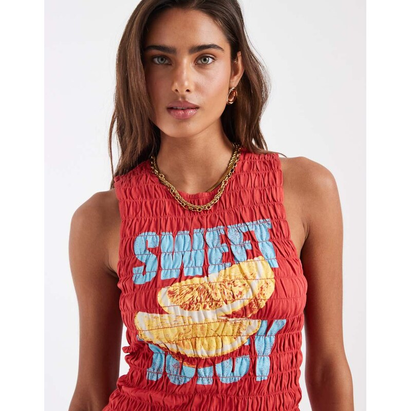 ASOS DESIGN shirred vest with orange fruit graphic in red