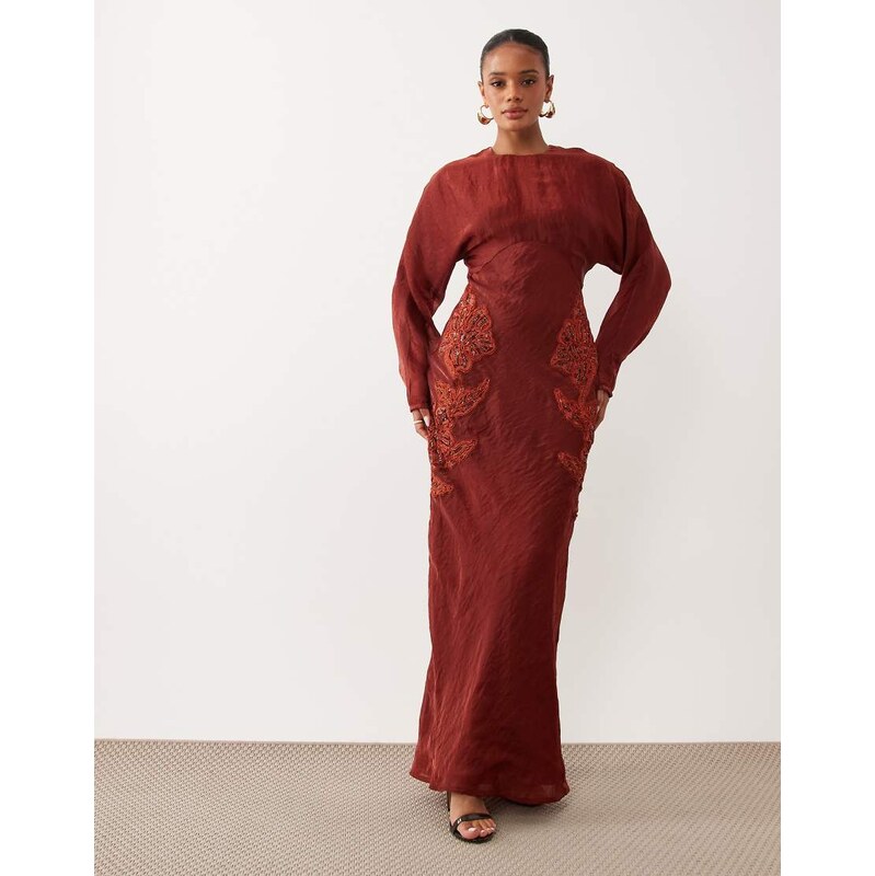 ASOS DESIGN crinkle satin embroidered long sleeve maxi dress in