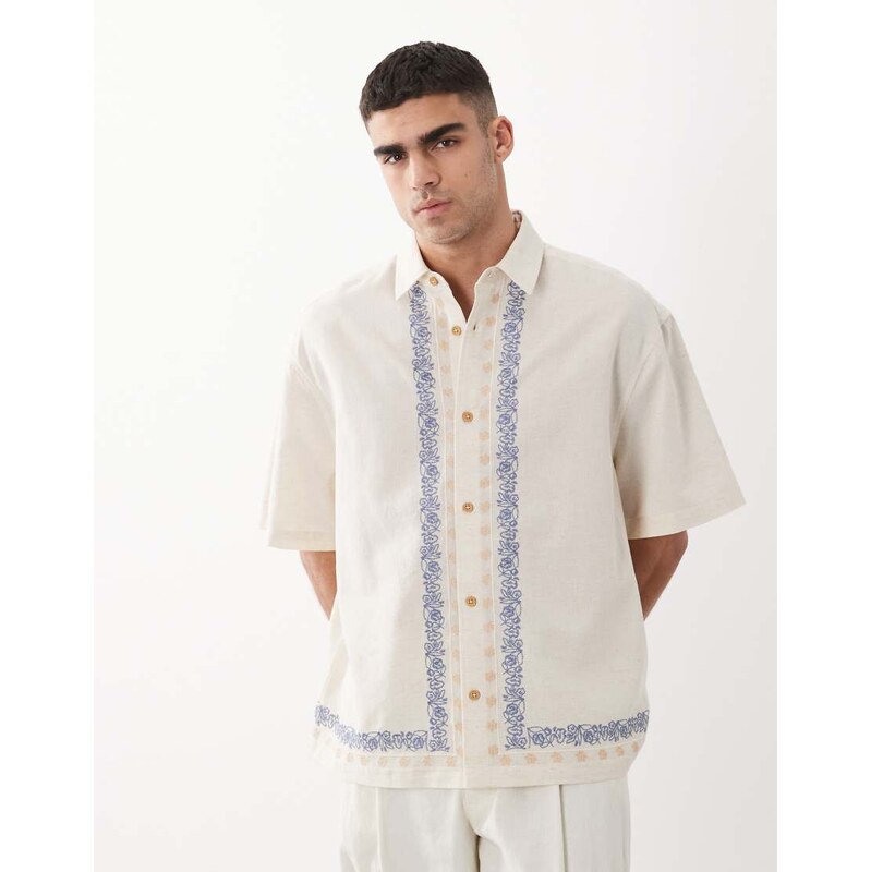 ASOS DESIGN oversized shirt with linen and border embroidery in