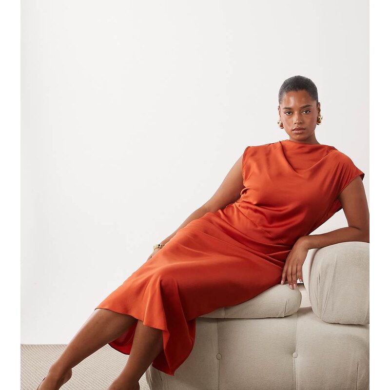 ASOS Curve ASOS DESIGN Curve satin high neck pleated bodice midi
